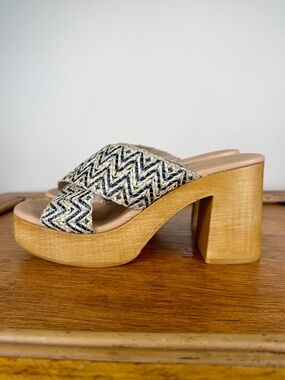 NEW Avellini Woven Cross-Band Platform Sandal in Natural Black & Cream